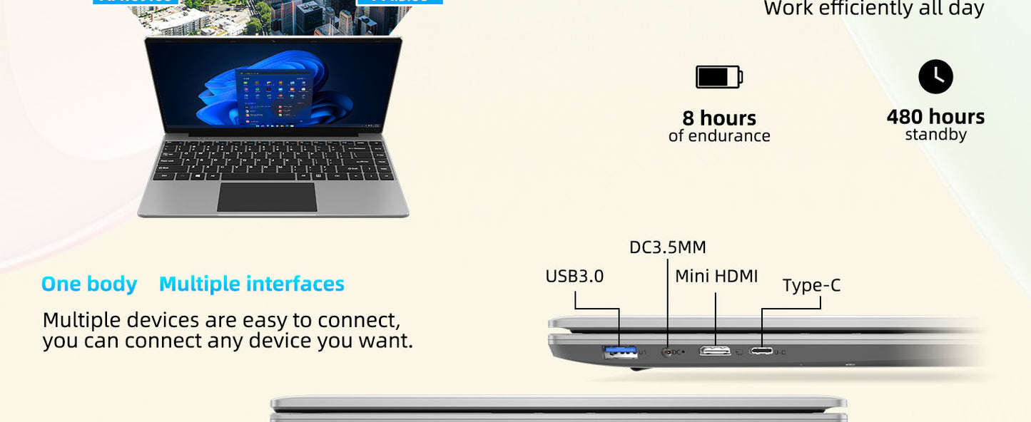 14 Inch Laptop PC 12GB LPDDR4 RAM 256GB SSD ROM 1080p FHD IPS Screen Windows 11 Computer with Celeron 4-Core Processor WIFI