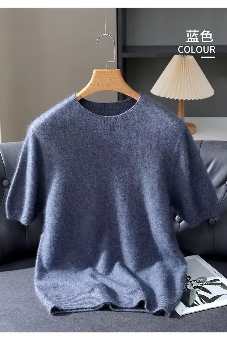100% Mink Cashmere Knitted Short Sleeved Men's Loose Round Neck Solid Color Half Sleeved Simple T-Shirt Casual Business Cashmere - The Discount Plug