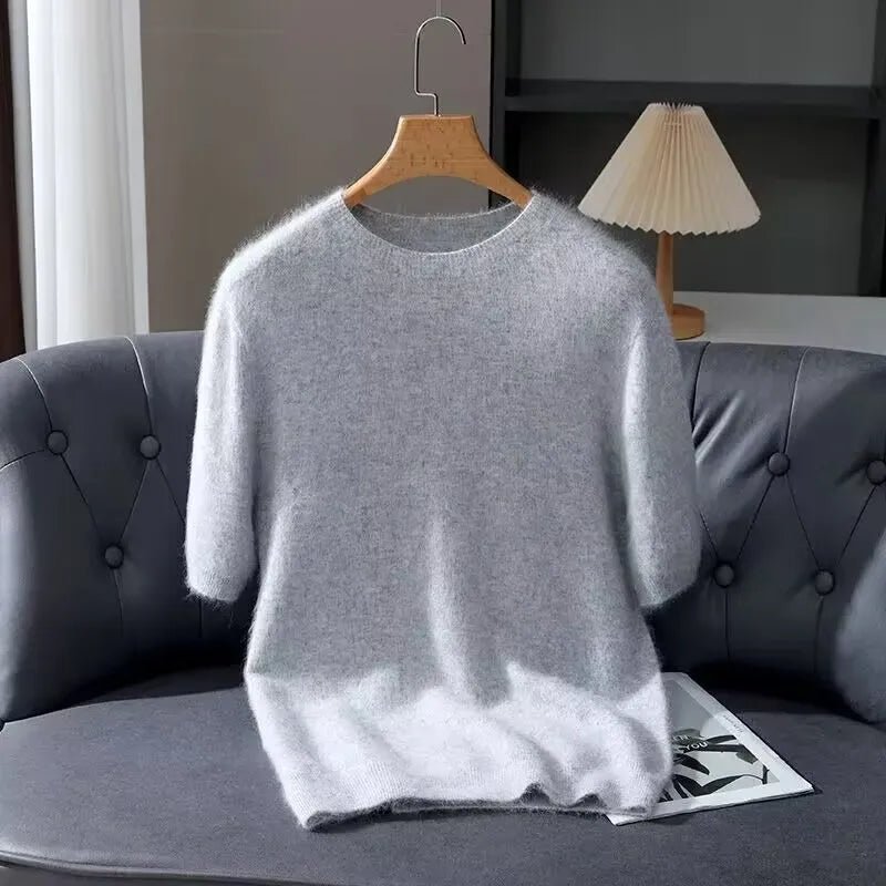 100% Mink Cashmere Knitted Short Sleeved Men's Loose Round Neck Solid Color Half Sleeved Simple T-Shirt Casual Business Cashmere - The Discount Plug