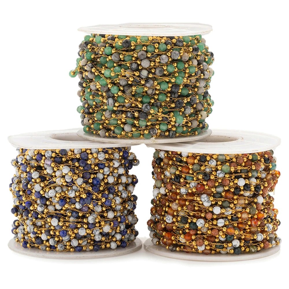 1Meter Elegant Mix Round Stone Beads 3mm Stainless Steel Chain for Jewelry Making DIY Necklaces Bracelet Clothing Craft Supplies - The Discount Plug