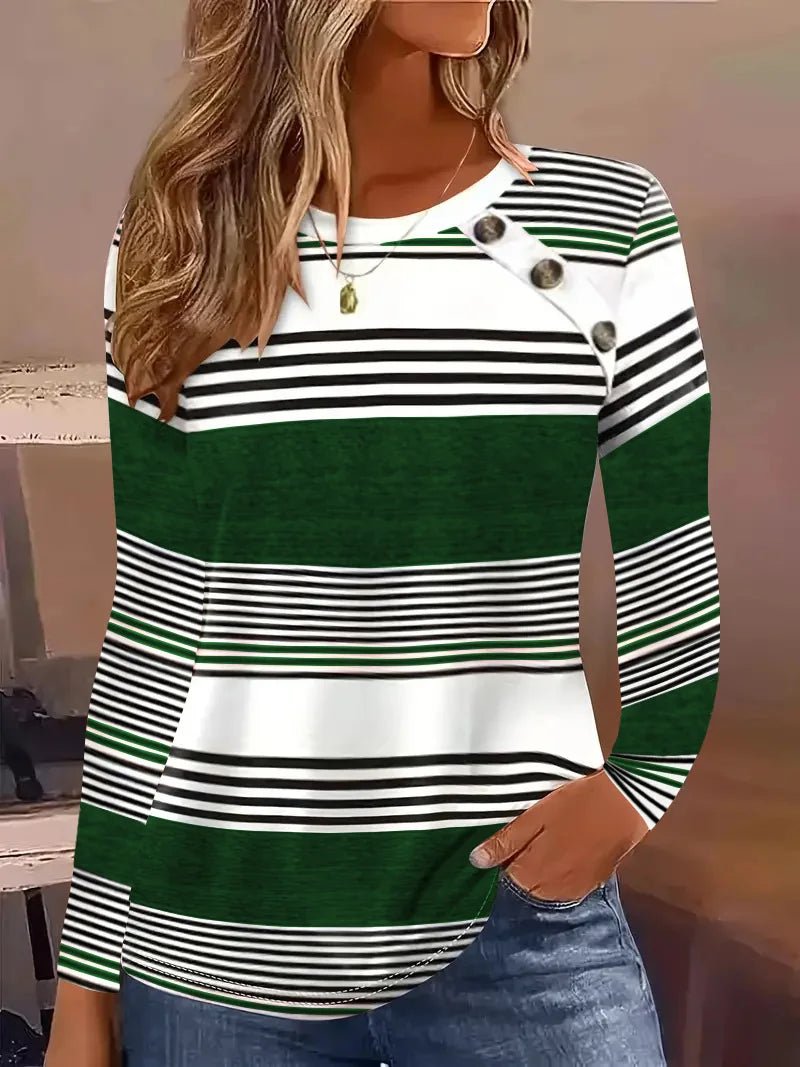 2024 New Autumn Round Neck Long Sleeve Striped Button T-shirt Simple Fashion Women's Top - The Discount Plug