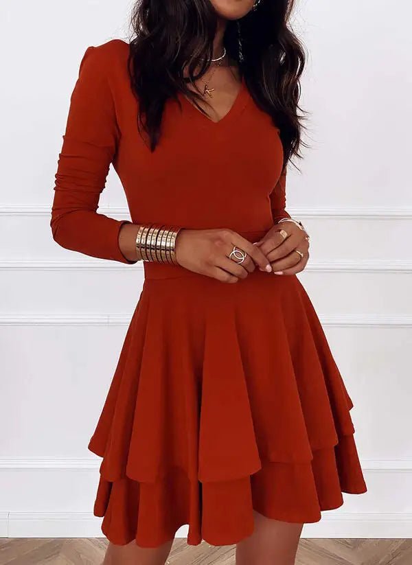 2024 NEW Autumn V - Neck Solid Color Fashion Mid Waist Pullover Panel Bottom Fashion Versatile Style Long Sleeve Women's Dress - The Discount Plug