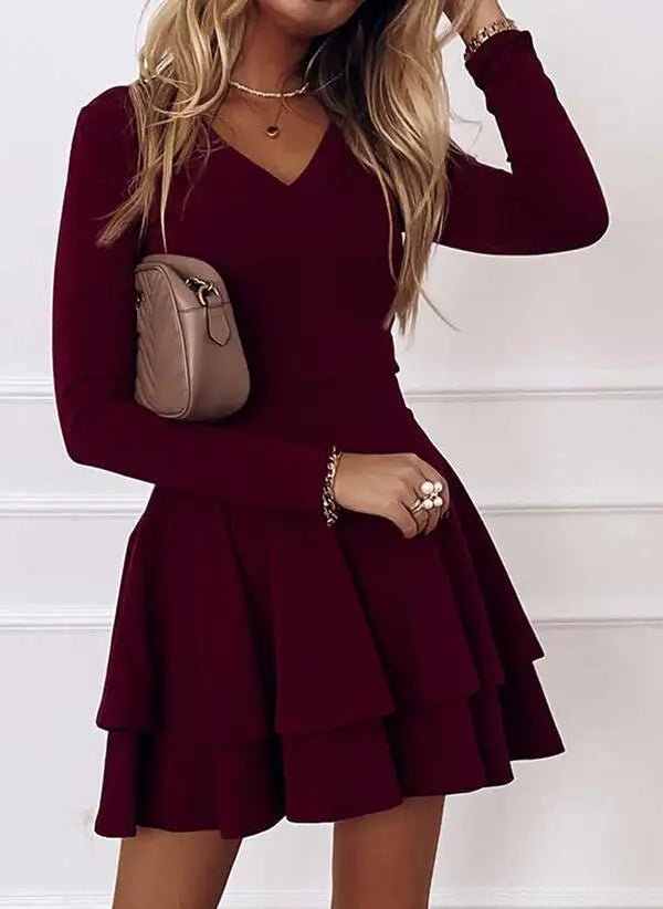 2024 NEW Autumn V - Neck Solid Color Fashion Mid Waist Pullover Panel Bottom Fashion Versatile Style Long Sleeve Women's Dress - The Discount Plug