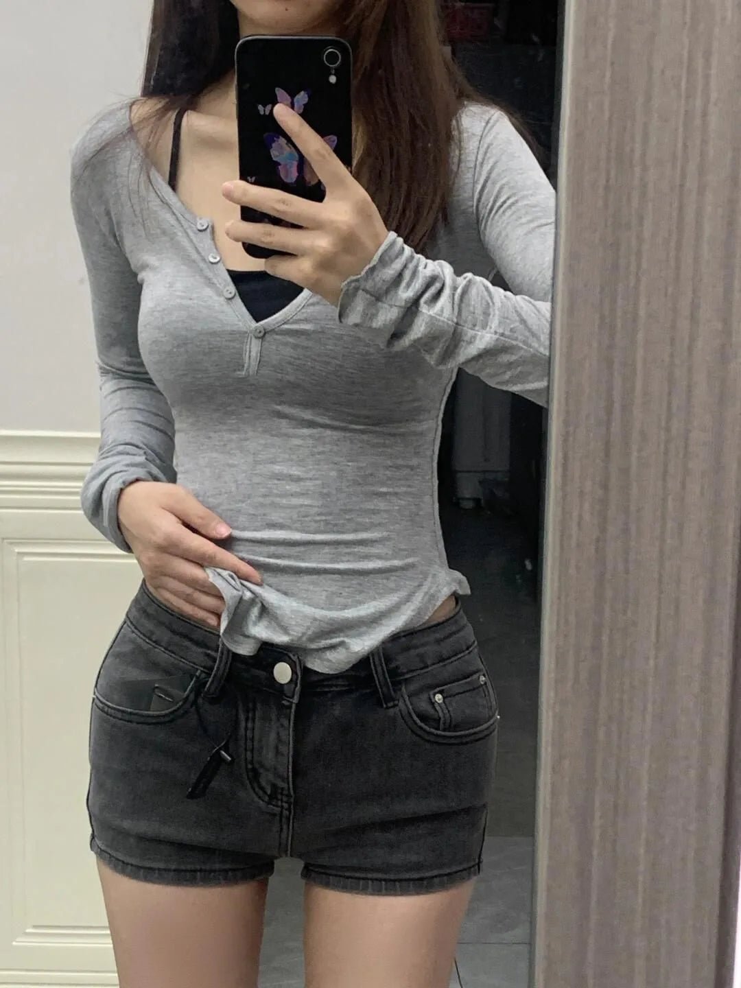 2025 Autumn New V - neck Tops Mujer Y2k Grunge Slim Fit Long Sleeve Tee Shirt Fashion Sexy All - match T-shirt for Women - The Discount Plug