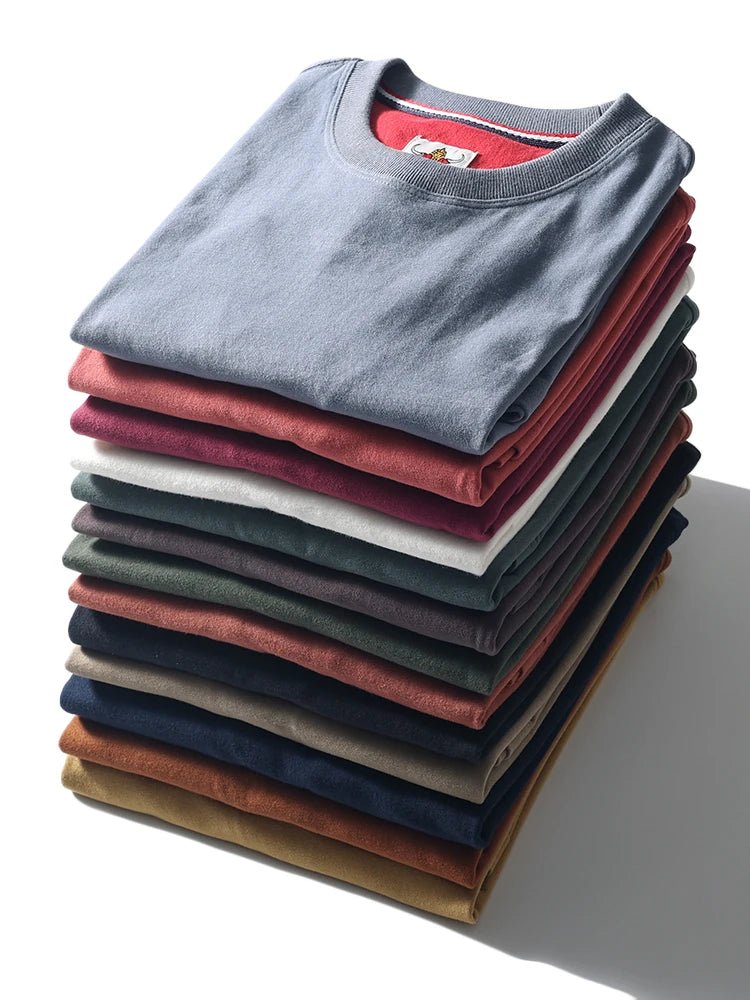 2025 Summer New American Retro Short Sleeve O - neck Solid Color T-shirt Men's Fashion 100% Cotton Washed Casual Terry Cloth Tops - The Discount Plug