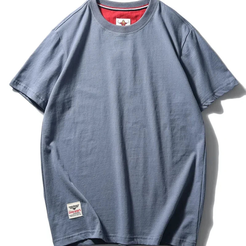 2025 Summer New American Retro Short Sleeve O - neck Solid Color T-shirt Men's Fashion 100% Cotton Washed Casual Terry Cloth Tops - The Discount Plug