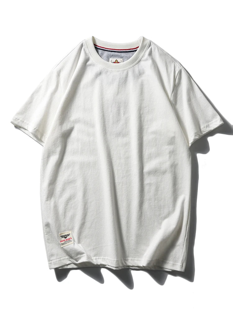 2025 Summer New American Retro Short Sleeve O - neck Solid Color T-shirt Men's Fashion 100% Cotton Washed Casual Terry Cloth Tops - The Discount Plug