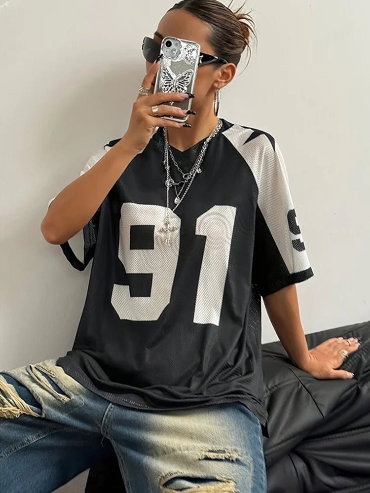 2025 Summer New Women V - Neck Oversized No.91 Fashionable Casual And Comfortable T-Shirt New York Street Hip Hop Retro Y2K Shirt - The Discount Plug