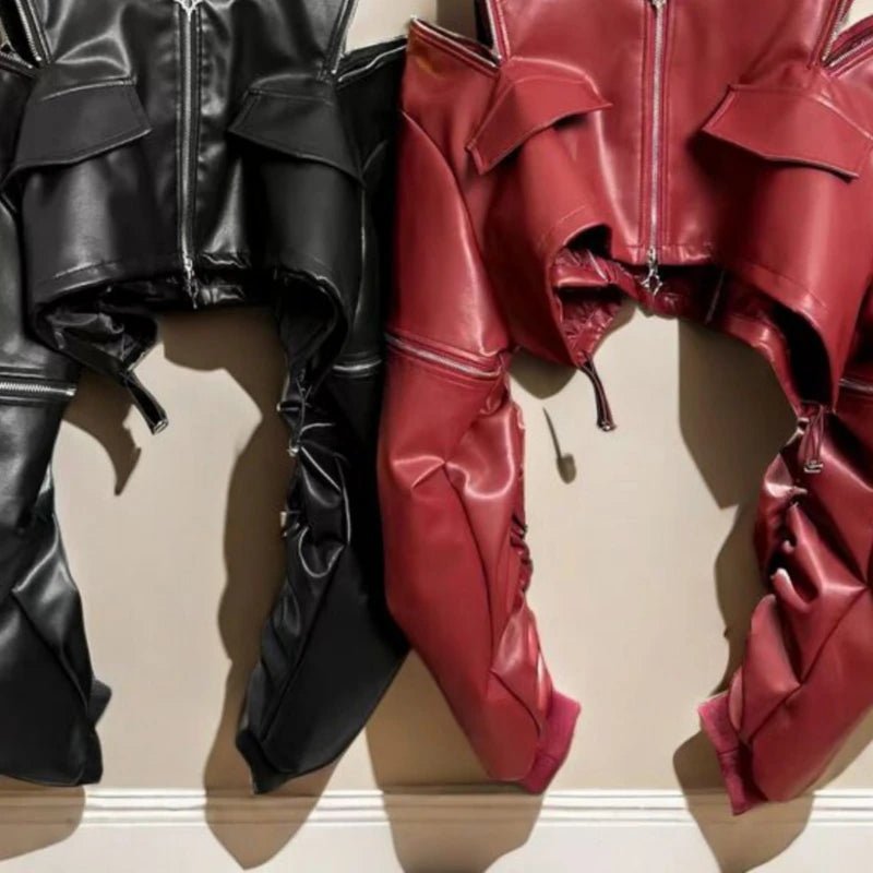 2025 Y2k Aesthetic PU Leather Jacket Womens Streetwear Pleated Grunge Solid Jackets Loose Harajuku Zipper Female Punk Crop Coat - The Discount Plug