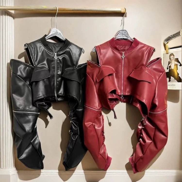 2025 Y2k Aesthetic PU Leather Jacket Womens Streetwear Pleated Grunge Solid Jackets Loose Harajuku Zipper Female Punk Crop Coat - The Discount Plug