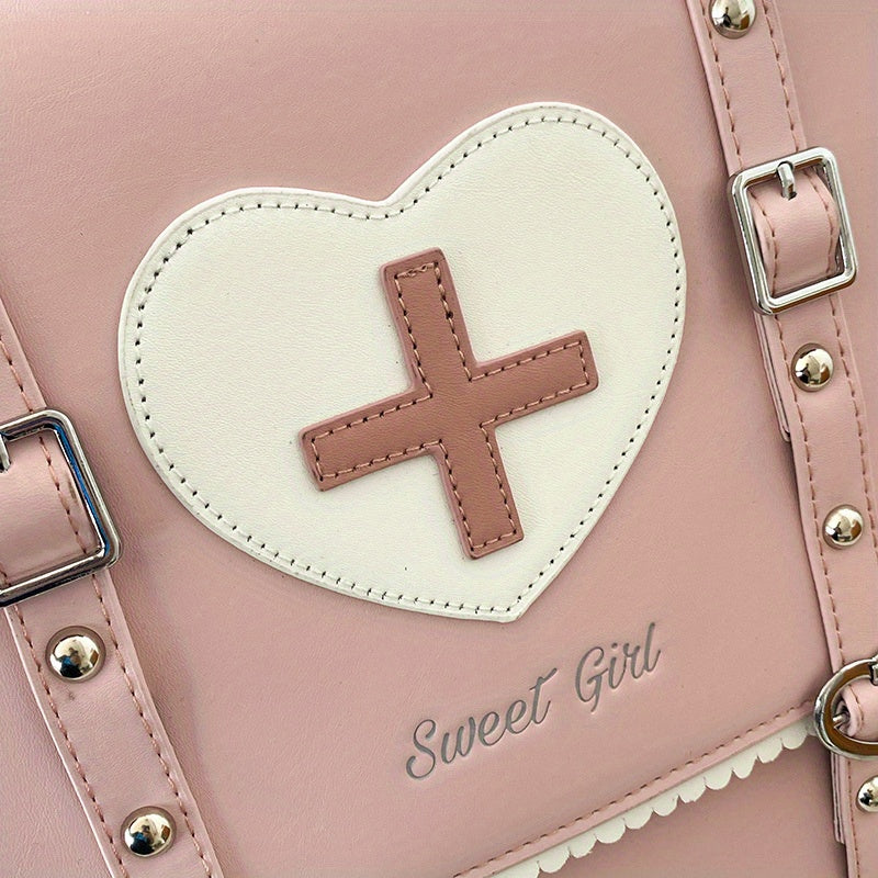 Adorable Kawaii Womens Backpack - Fashion-Forward Flap with Buckles & Rivets Decor - Versatile School or Casual Handbag