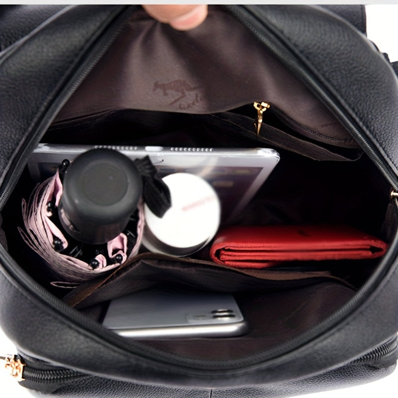 Chic & Stylish Women's Backpack: Solid Faux Leather, Secure Zipper, Metal Accents – Perfect for School and Travel
