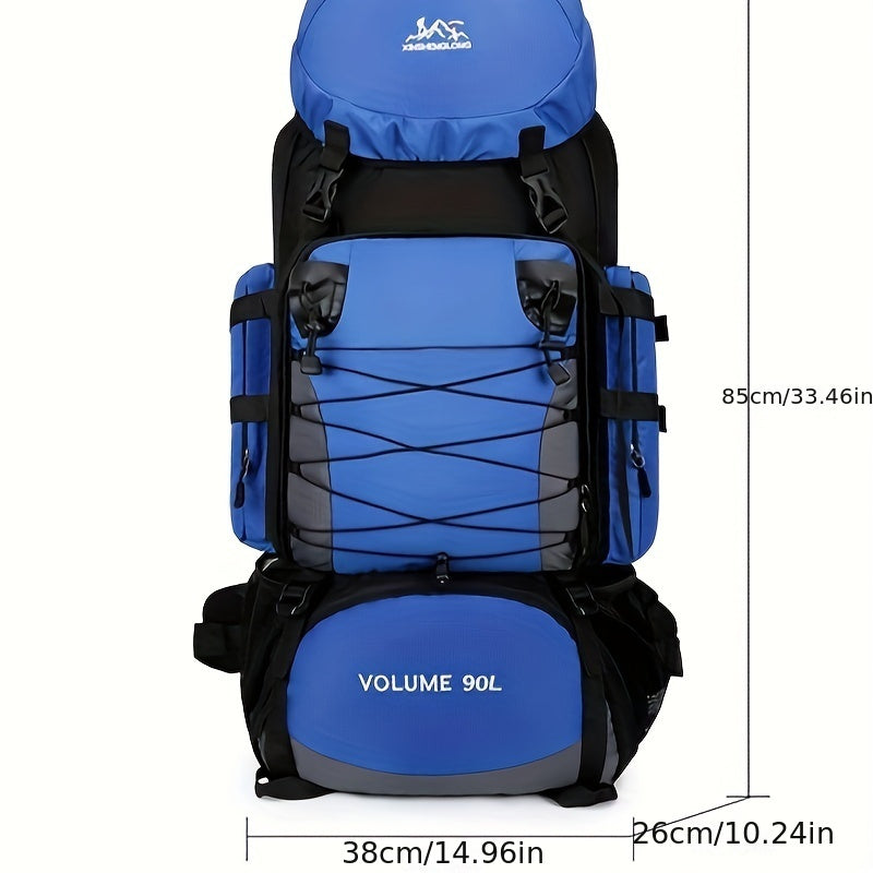 90L High-Capacity Travel Backpack - Durable Polyester, Blue with Black Accents, Plaid Pattern, Adjustable Chest Strap, Multiple Pockets for Outdoor Adventures, Camping & Hiking, Backpack for Travel
