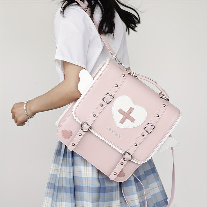 Adorable Kawaii Womens Backpack - Fashion-Forward Flap with Buckles & Rivets Decor - Versatile School or Casual Handbag