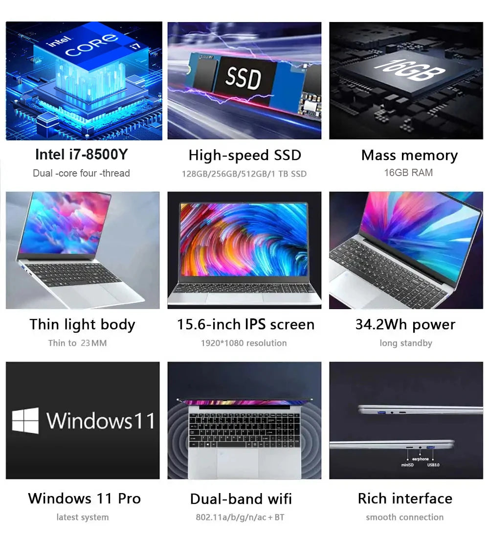 Windows 11 Intel Core i7 8500Y N4000 15.6 inch Portable Laptop Fingerprint Unlock Notebook 16GB 1TB 2TB Gaming Laptops Computer