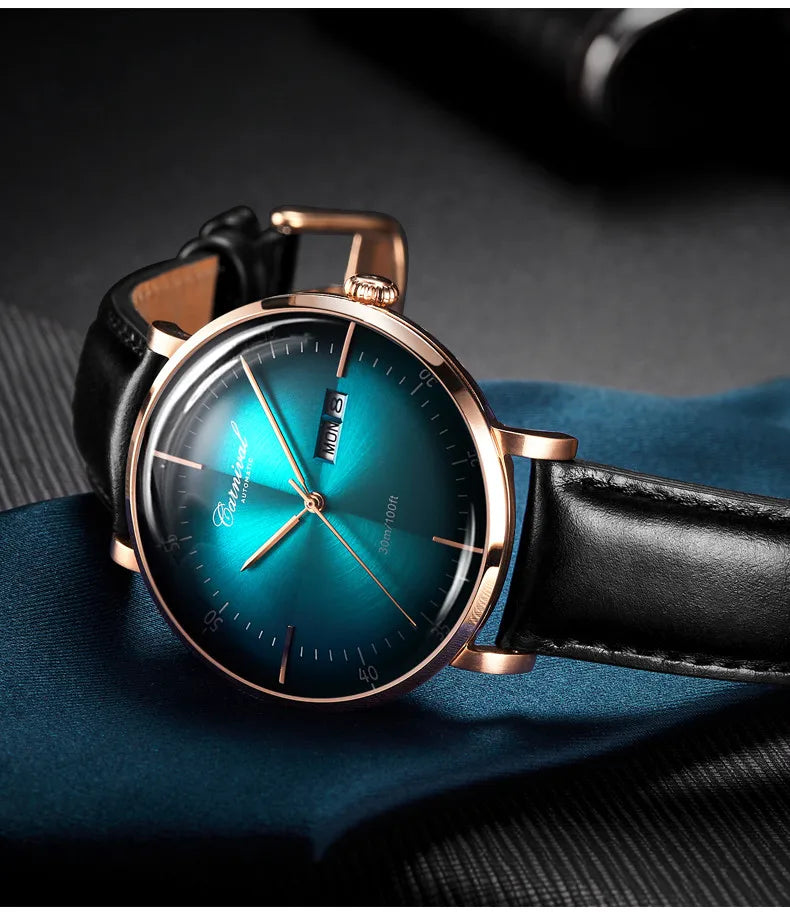 Carnival Brand 3D Curved Dial Luxury Sapphire Automatic Watch for Man Leather MIYIOTA Mechanical Watch Sports Wristwatch Male