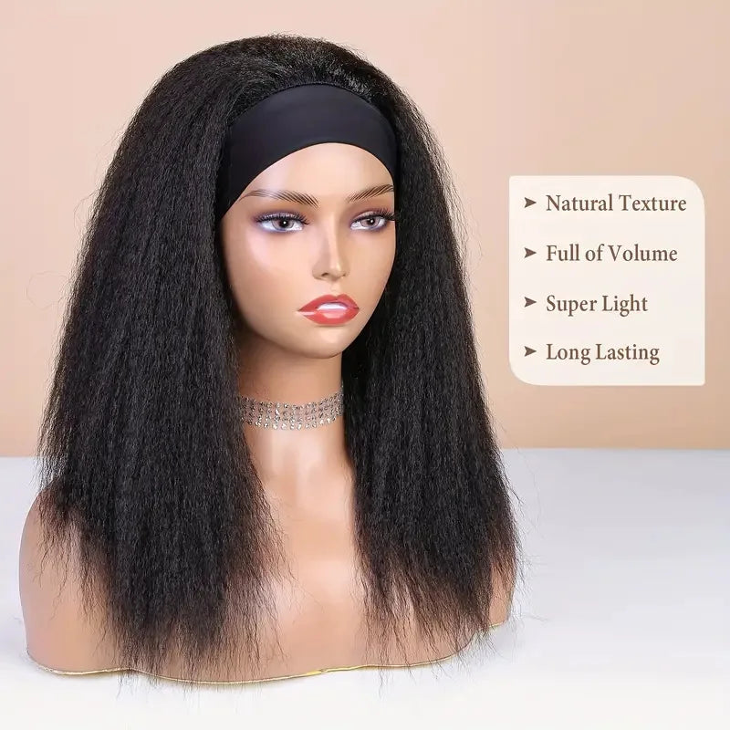 Luxury Glueless Synthetic Black Kinky Straight Headband Wig Heat Resistant High Temperature Fiber Machine Made Wigs for Women
