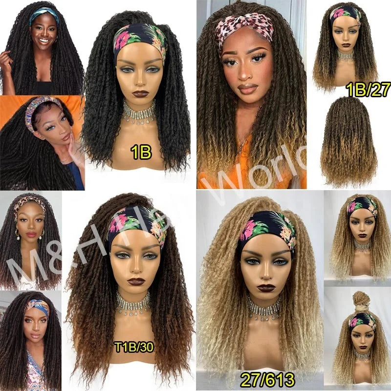 Long Headband Synthetic Braided Wigs With Curly Faux Locs Crochet Braiding Hair Dreadlocks Wrap Wigs for Black Women