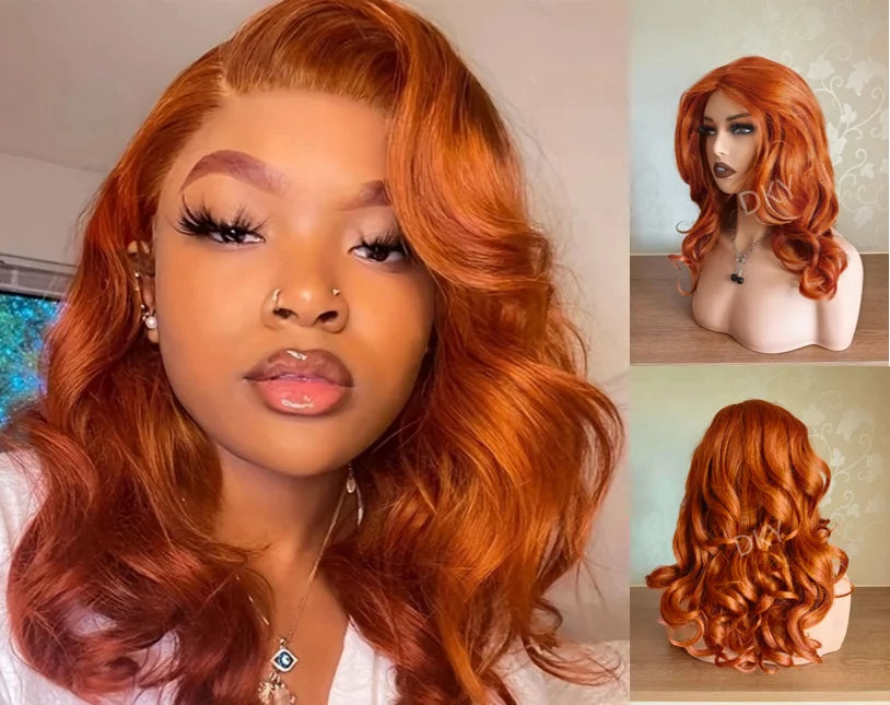 Small T-part Lace Front Natural Hairline Wig Elegant High Temperature Fiber Synthetic High Quality Orange Yaki Big Curly Wigs