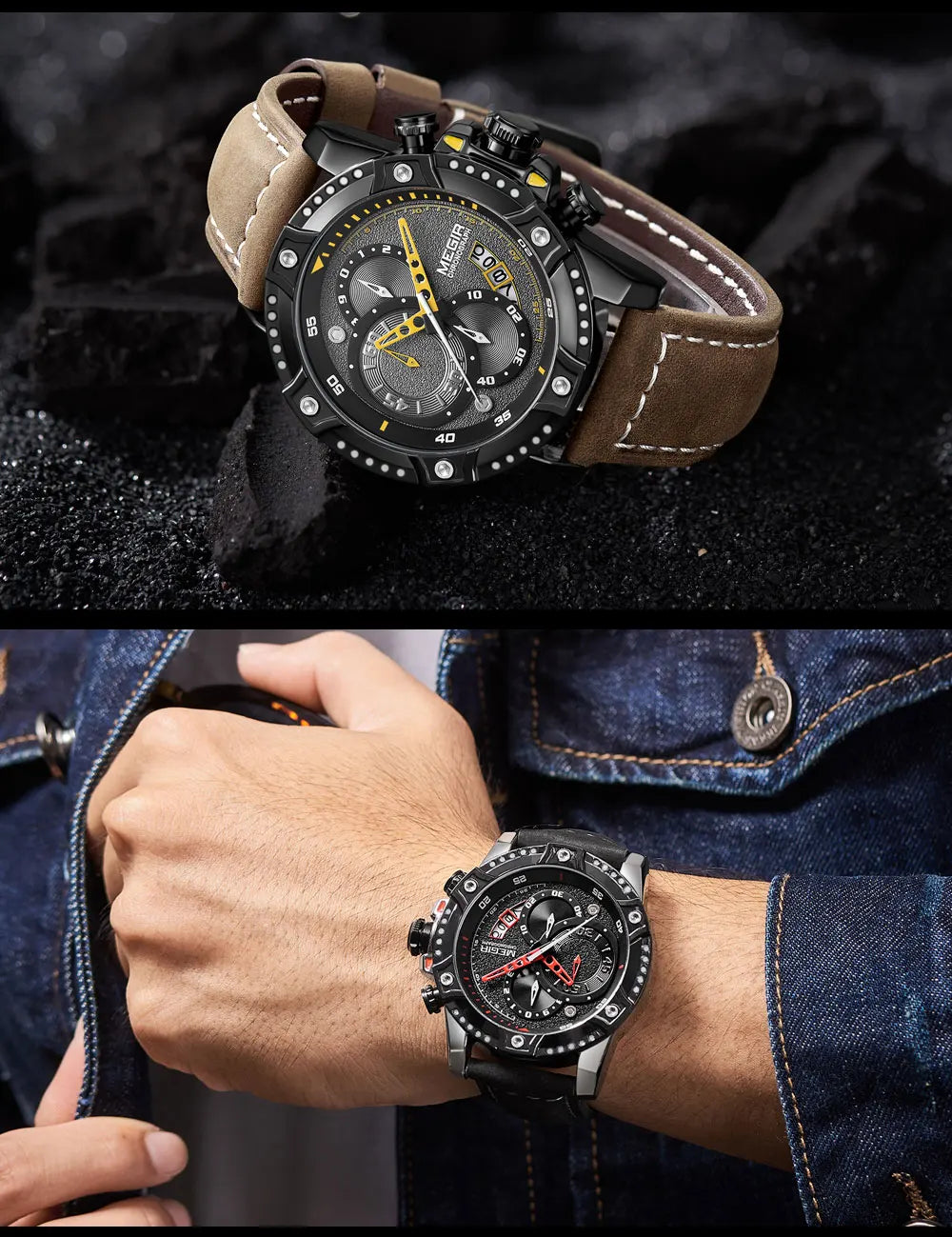 MEGIR Casual Watch Men Top Brand Luxury Chronograph Quartz Wristwatch Leather Strap Army Sport Watches Relogios Masculio 2130