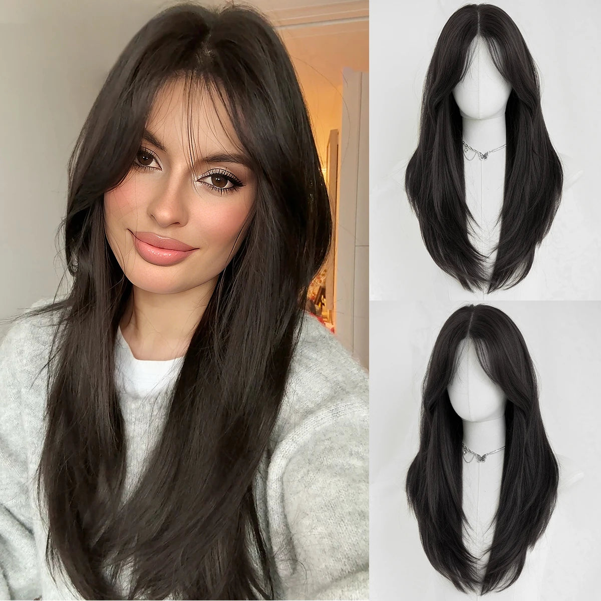 Monotop U Lace Long Straight Layered Wig for Women 26 Inches Friendly Heat Resistant Synthetic Burgundy Wig Natural Hairline