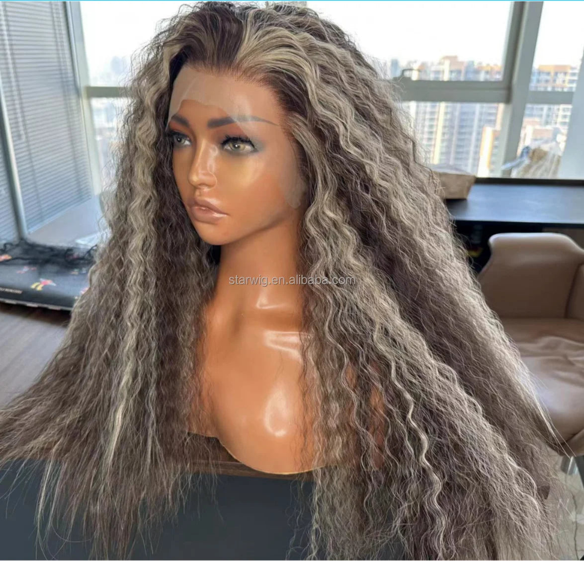 Hot Selling Pre Plucked Hairline 613# Kinky Straight Heat Resistant Glueless Synthetic Lacefront Wig for Black Womens Daily Use