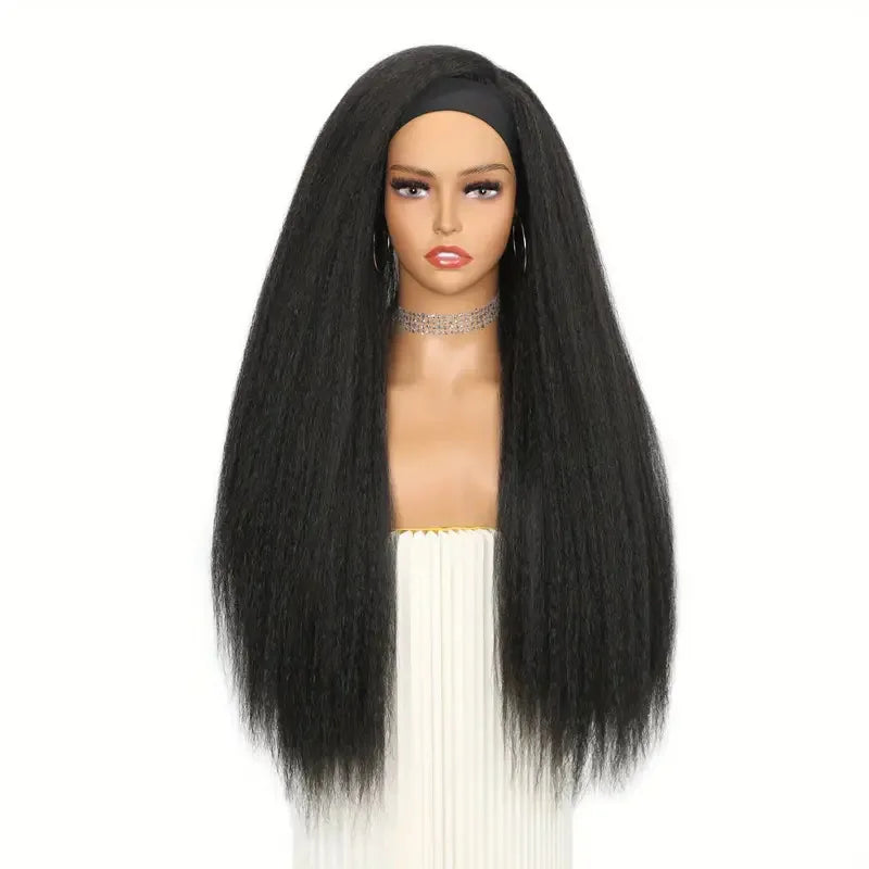 Luxury Glueless Synthetic Black Kinky Straight Headband Wig Heat Resistant High Temperature Fiber Machine Made Wigs for Women
