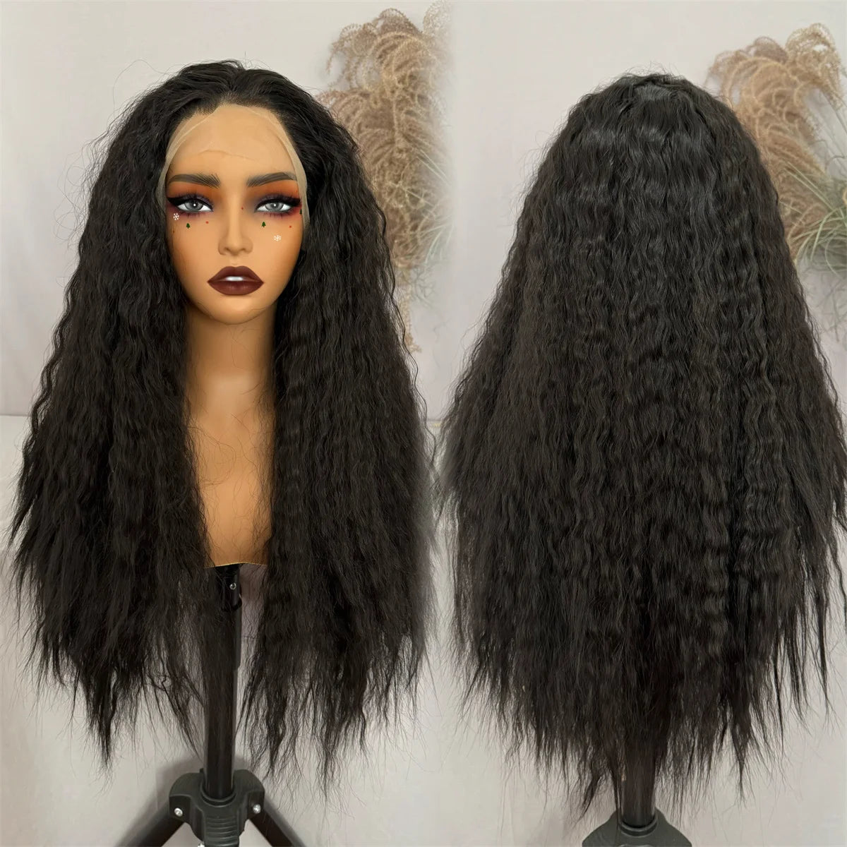 Hot Selling Pre Plucked Hairline 613# Kinky Straight Heat Resistant Glueless Synthetic Lacefront Wig for Black Womens Daily Use