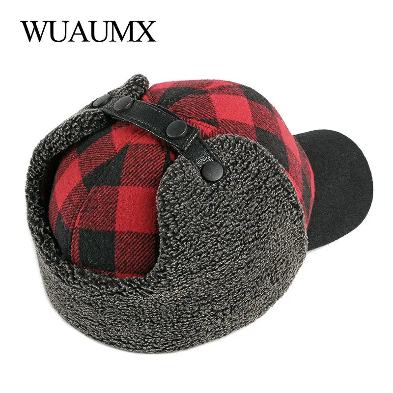 Winter Bomber Hats Men Thicken Russian Trapper Hat Earflap Baseball cap Red Black Plaid Windproof Bomber Hat For Women