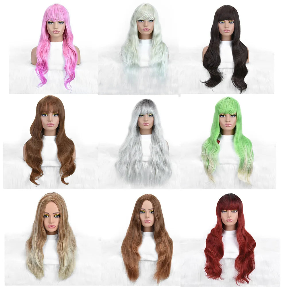 Wholesale Machine Made 28 Inch Long Natural Wave High Temperature Synthetic Hair Wigs 150% Density Unique Color Bangs Wig