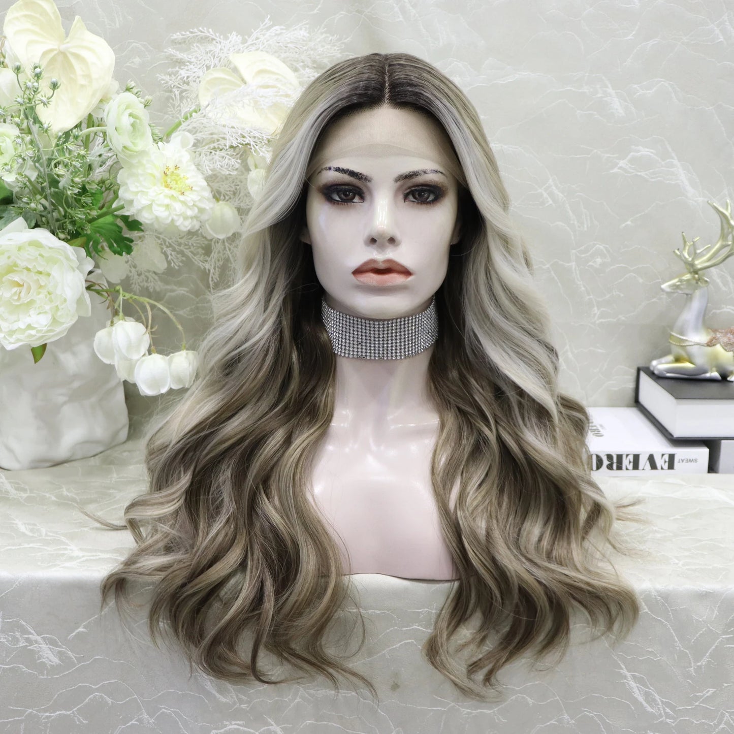 Ombre Ash Blond Premium Synthetic Wigs Wholesale Not Shiny Matte Luxury Heat Resistant Synthetic Lace Front Wig for Women