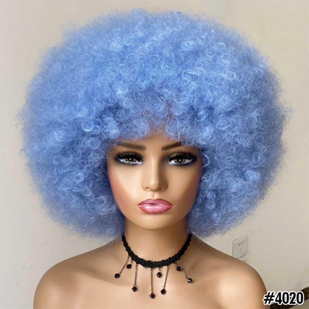 Short Hair Afro Kinky Curly Wigs With Bangs for Black Women African Synthetic Ombre Glueless Cosplay Natural Blonde Red Blue Wig