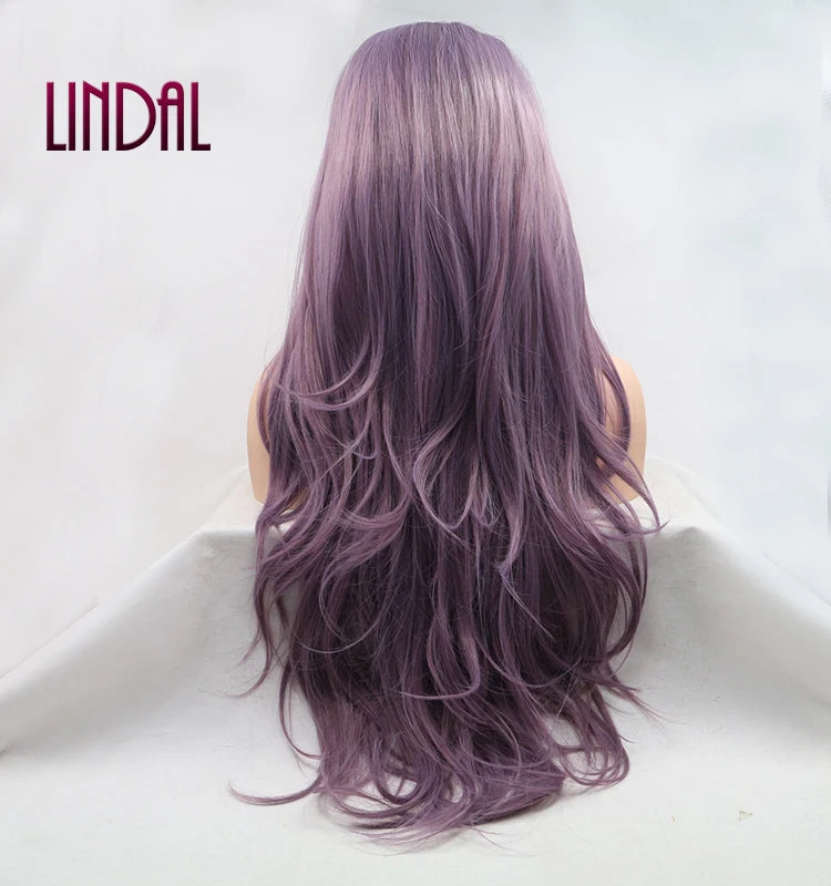LINDALHAIR Long Wavy Synthetic Lace Front Wig Glueless Purple High Temperature Heat Resistant Fiber Hair Wigs for Women