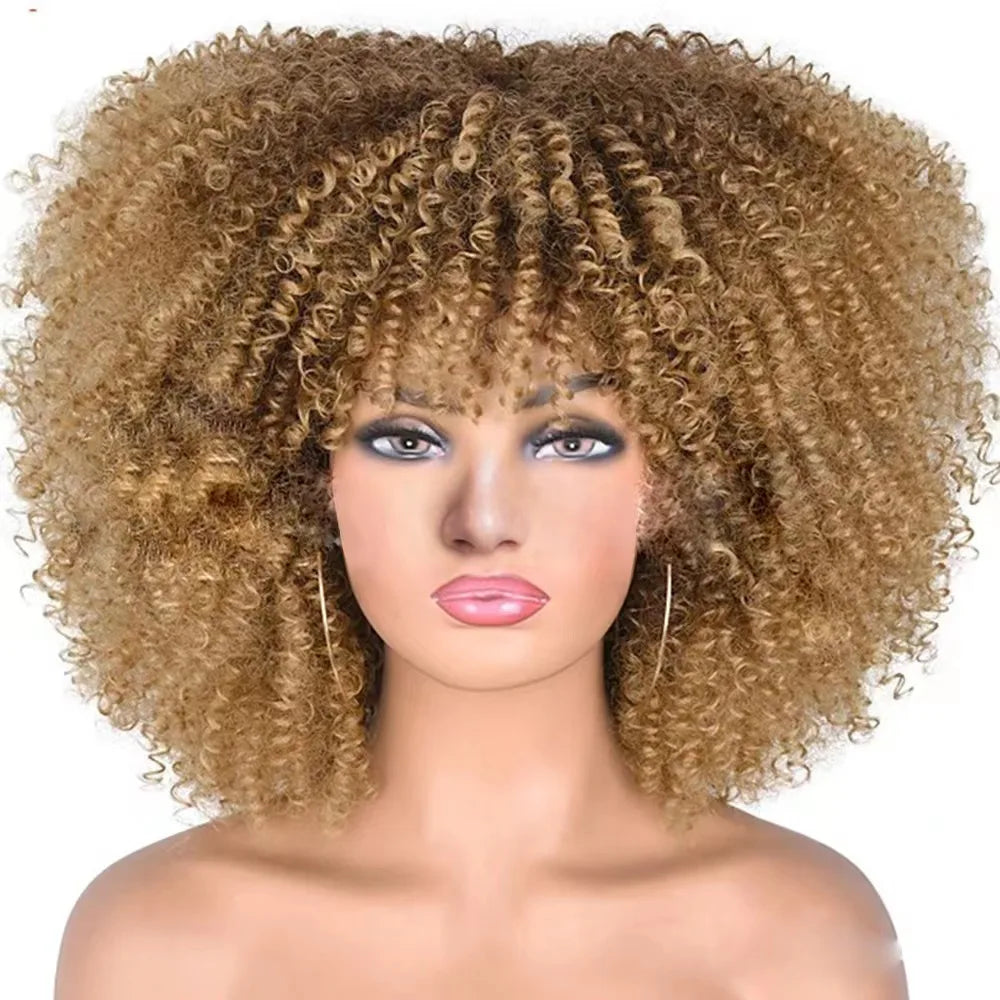 Afro Kinky Curly Wigs With Bangs for Black Women High Temperature African Synthetic Ombre Glueless Cosplay Wigs