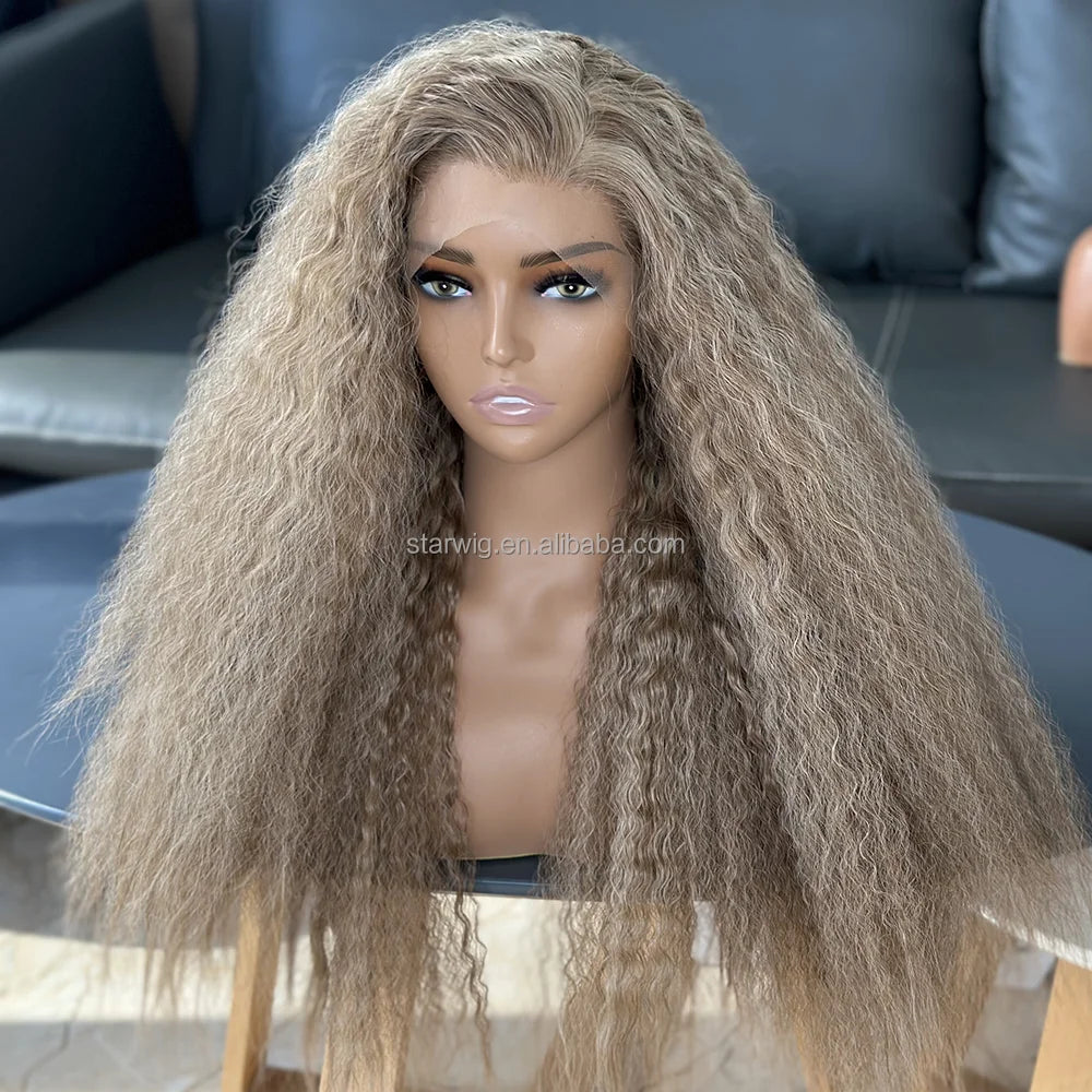 Hot Selling Pre Plucked Hairline 613# Kinky Straight Heat Resistant Glueless Synthetic Lacefront Wig for Black Womens Daily Use