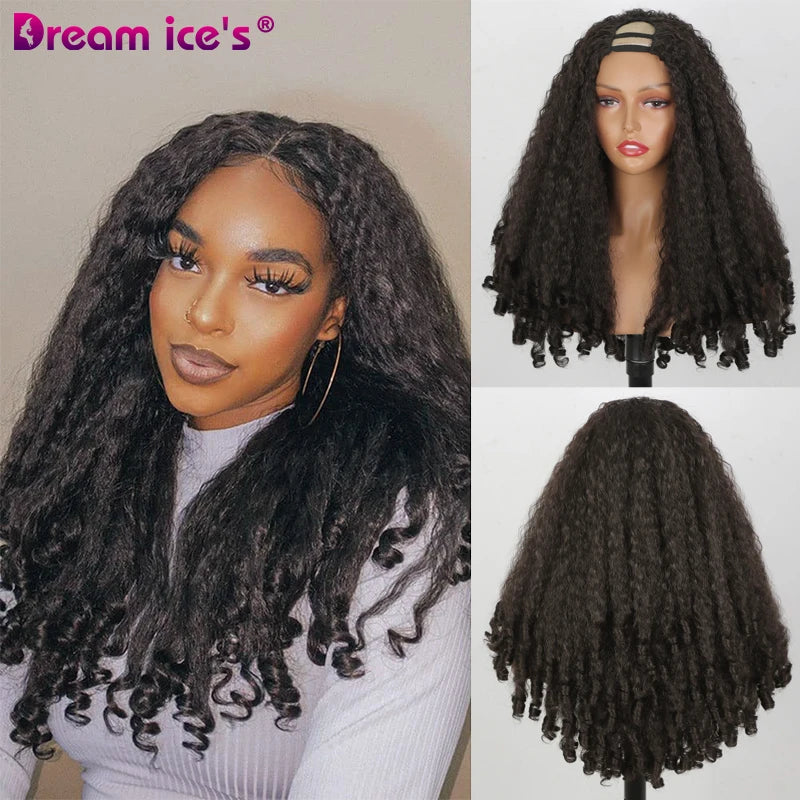 24inch U Part Synthetic Braided Hair Wig for Black Women Long Texture with Unique Curls Heat Resistant Hair Wig Clip in Half Wig