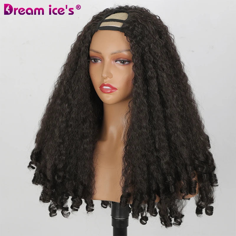 24inch U Part Synthetic Braided Hair Wig for Black Women Long Texture with Unique Curls Heat Resistant Hair Wig Clip in Half Wig
