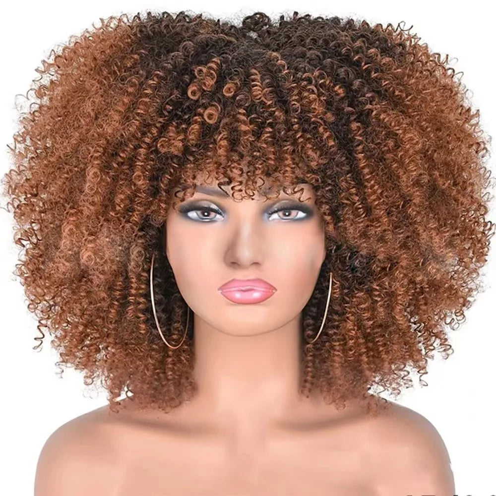 Cheap Price Afro Kinky Curly Bob Wig With Bangs Machine Made Wigs for Black Women Brazilian Curly Synthetic Hair Wigs