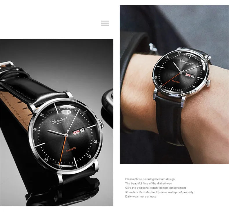 Carnival Brand 3D Curved Dial Luxury Sapphire Automatic Watch for Man Leather MIYIOTA Mechanical Watch Sports Wristwatch Male