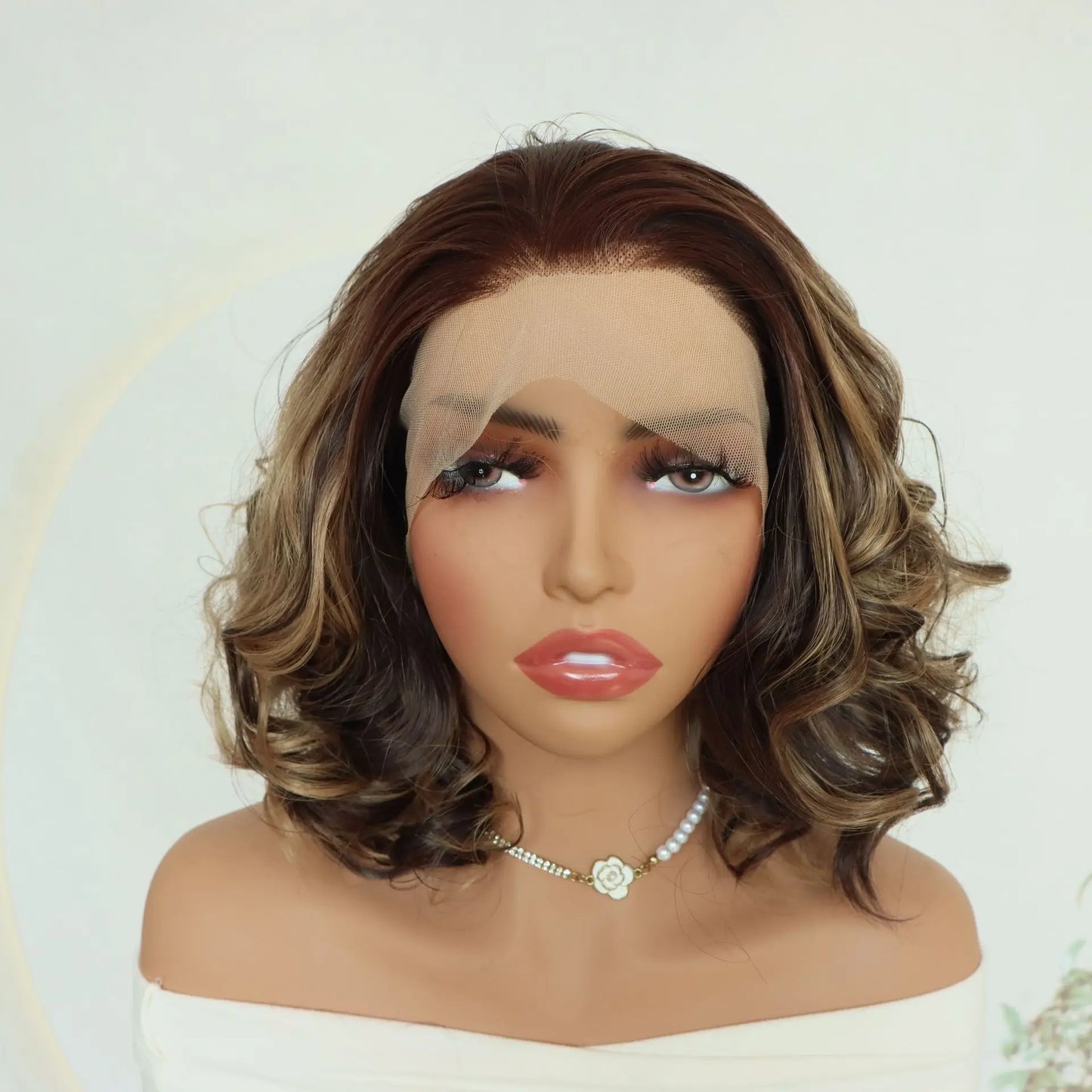 13*4 Transparent Lace Front Wig Brown Mix Blonde High Temperature Fiber Colorful Gradient Short Synthetic Hair Wig FX-HA104