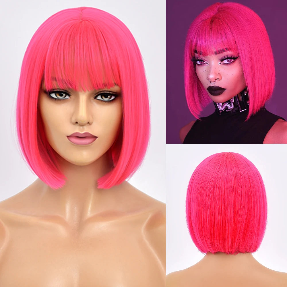 Ainizi 12'' Short bob Black Machine Made Elegant Fashion Synthetic Hair Wigs With Bangs for Women