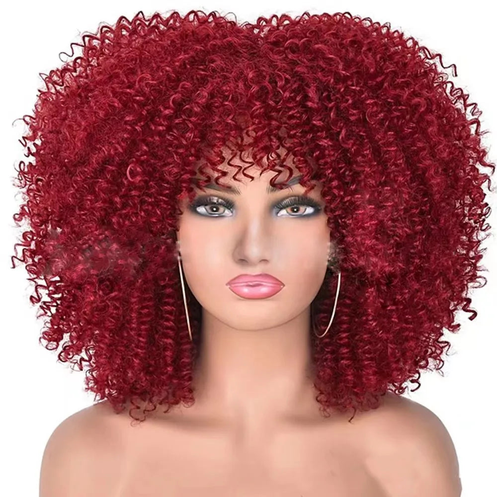 Afro Kinky Curly Wigs With Bangs for Black Women High Temperature African Synthetic Ombre Glueless Cosplay Wigs