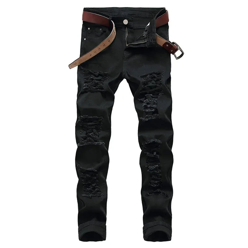 2025 Hole Denim Pants Men's Tide Brand Ruined Hole Jeans Solid Slim All-match High Street Hip Hop Trousers Red White Large Size
