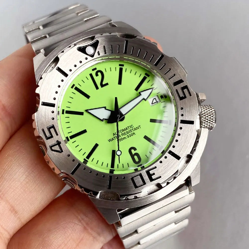 42mm Tandorio Monster Watches 20ATM Waterproof NH35ADiver Automatic Watch Men Sapphire Green Luminous Dial Steel Bracelet