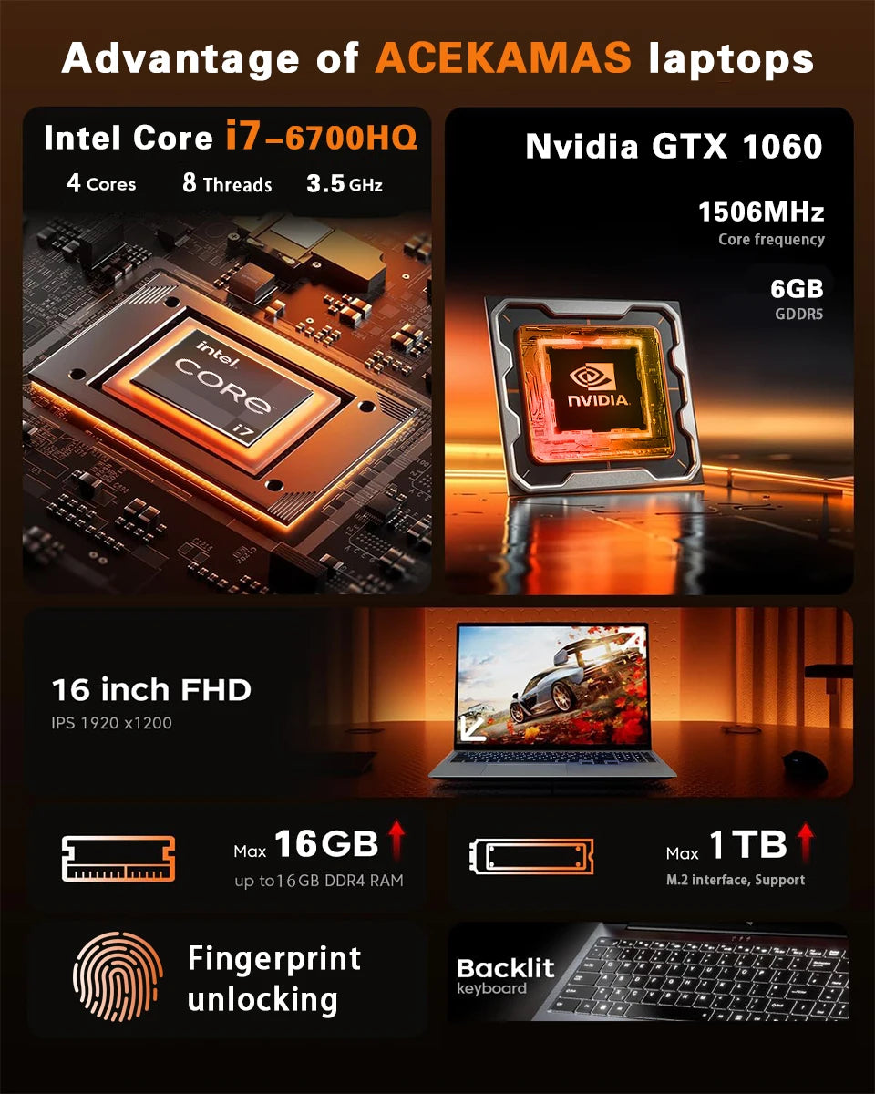 ACEKAMAS 16" Portable Gaming Laptop intel Core i7-6700HQ GTX 1060 IPS Windows 11 Laptops Computer 16GB DDR4 1TB SSD Notebook PC