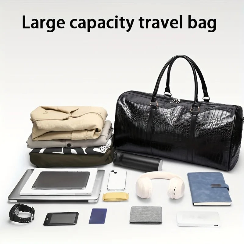 Large Capacity Retro Crocodile-Textured Duffel Bag with Adjustable Shoulder Strap, Stylish Gym, Weekender & Overnight Bag