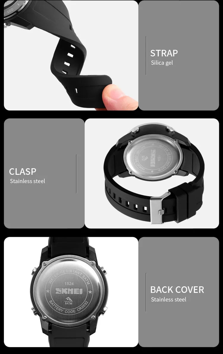 SKMEI 1524 2 Time LED Digital Wristwatches Mens Waterproof Chrono Count Down Male Hour montre homme Big Dial Sport Men Watch