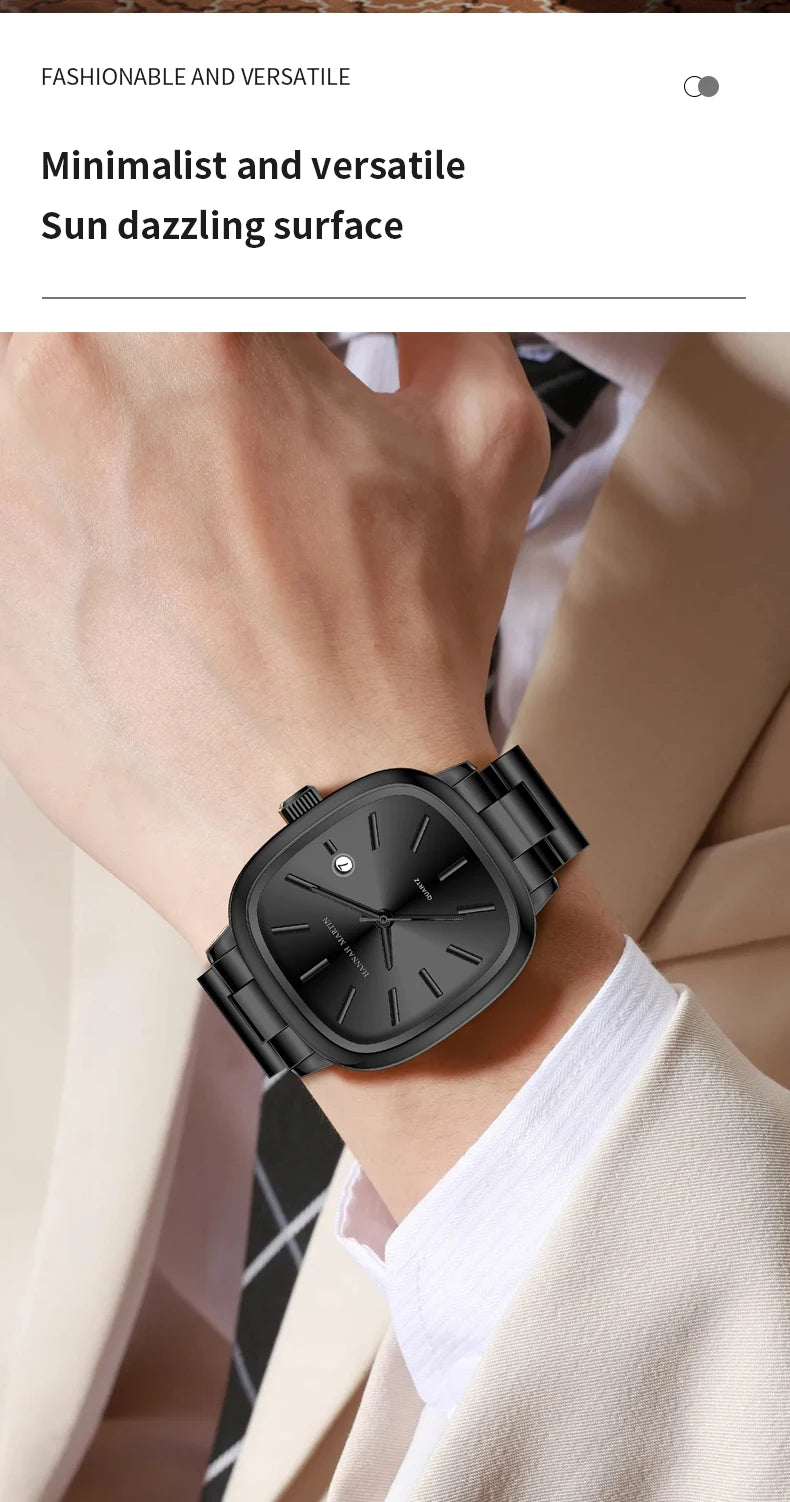 Japanese Movement Square Fashion Stainless Steel Strap Original Business Style Silver Black Waterproof 3Bar Quartz Watch for Men