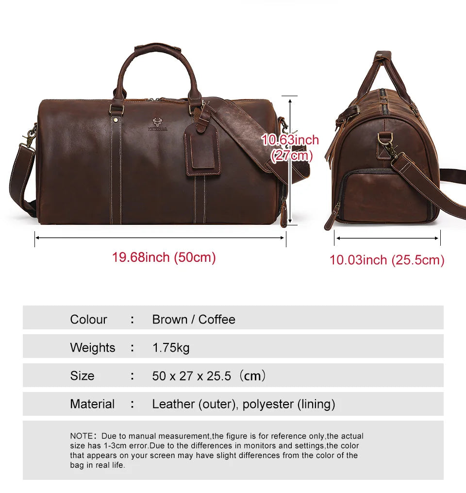 Men's Crazy Horse Leather Duffle Bag Large Capacity Travel Luggage Bag Fits 15'' Laptop & Shoes Durable Totes Bags for Business