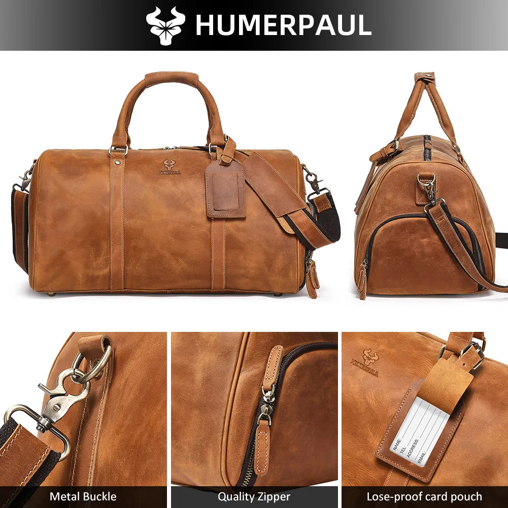 Men's Crazy Horse Leather Duffle Bag Large Capacity Travel Luggage Bag Fits 15'' Laptop & Shoes Durable Totes Bags for Business